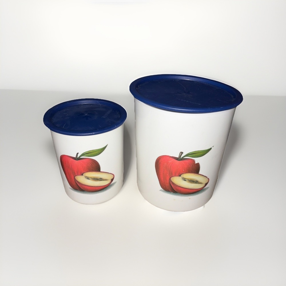 Tupperware‎ White Canisters With Blue - With Apples- One Touch Lids Set Of 2